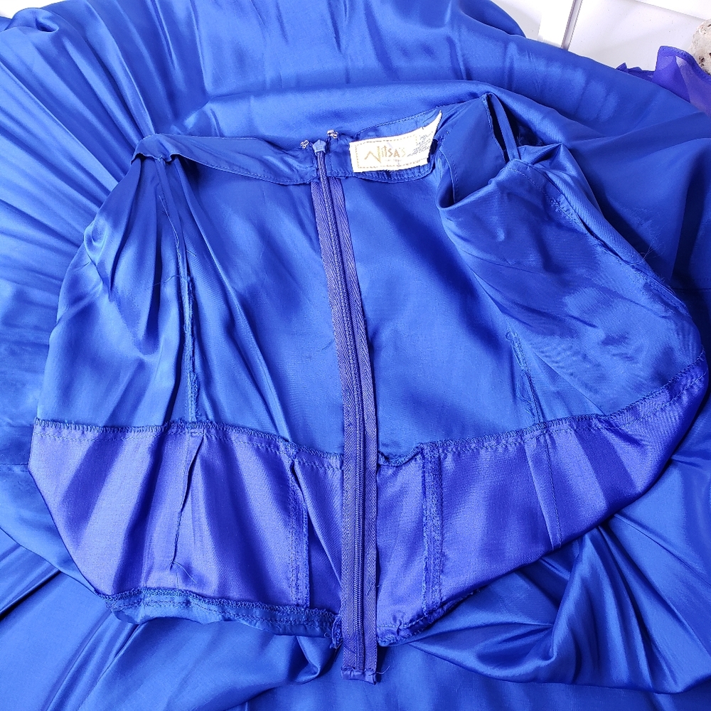 Vtg Maxi Slip Dress Flowy Royal Blue Silk Y2K Pixi Fairy Crepe Sheer Satin Event - Picture 11 of 15